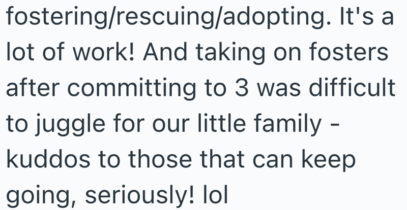 fostering/rescuing/adopting. It's a lot of work! And taking on fosters after committing to 3 was difficult to juggle for our little family - kuddos to those that can keep going, seriously! lol