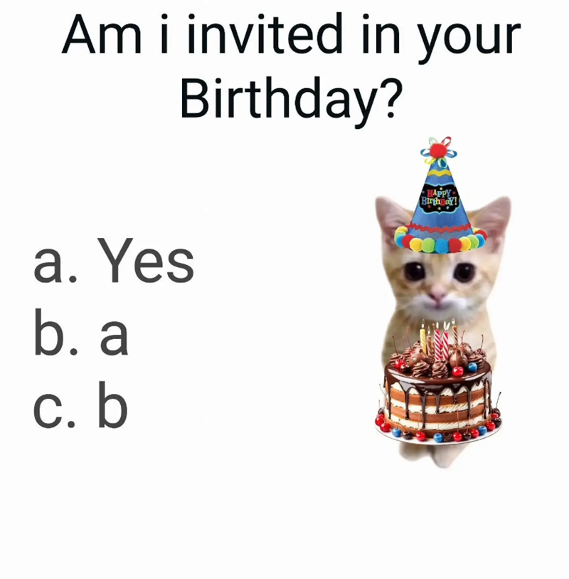 Am i invited in your Birthday? a. Yes b. a c. b HAPPY Birthday!