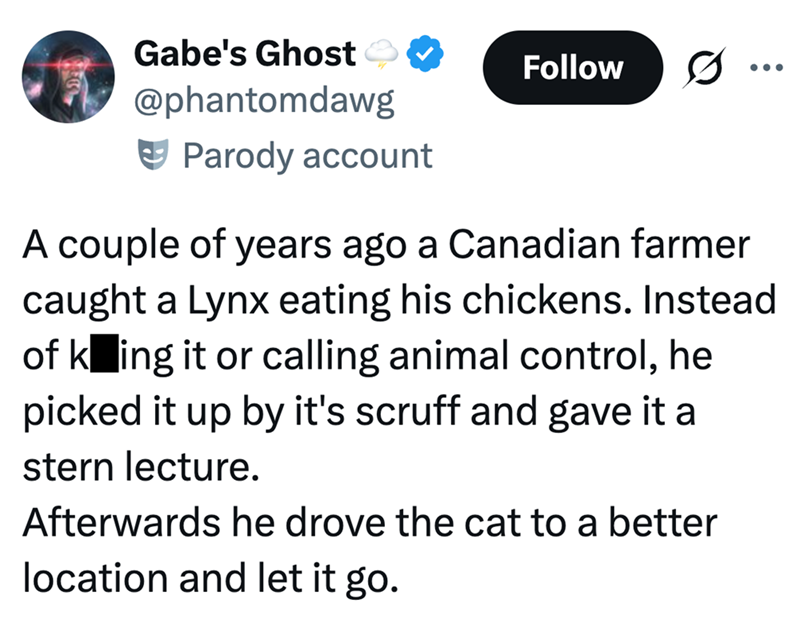 Gabe's Ghost → @phantomdawg Parody account Follow • • • A couple of years ago a Canadian farmer caught a Lynx eating his chickens. Instead of king it or calling animal control, he picked it up by it's scruff and gave it a stern lecture. Afterwards he drove the cat to a better location and let it go.