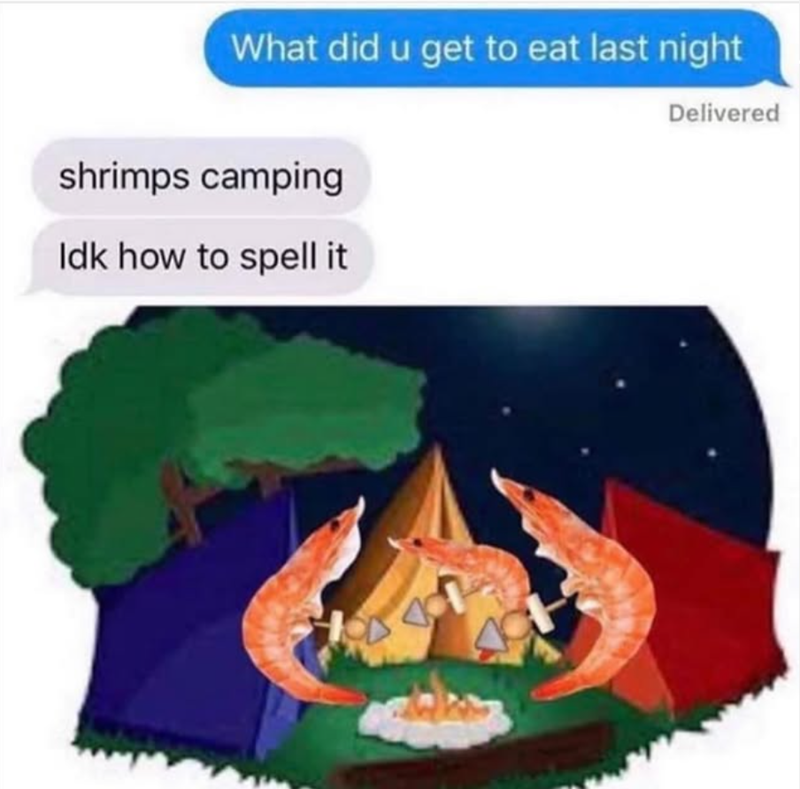 What did u get to eat last night shrimps camping Idk how to spell it Delivered