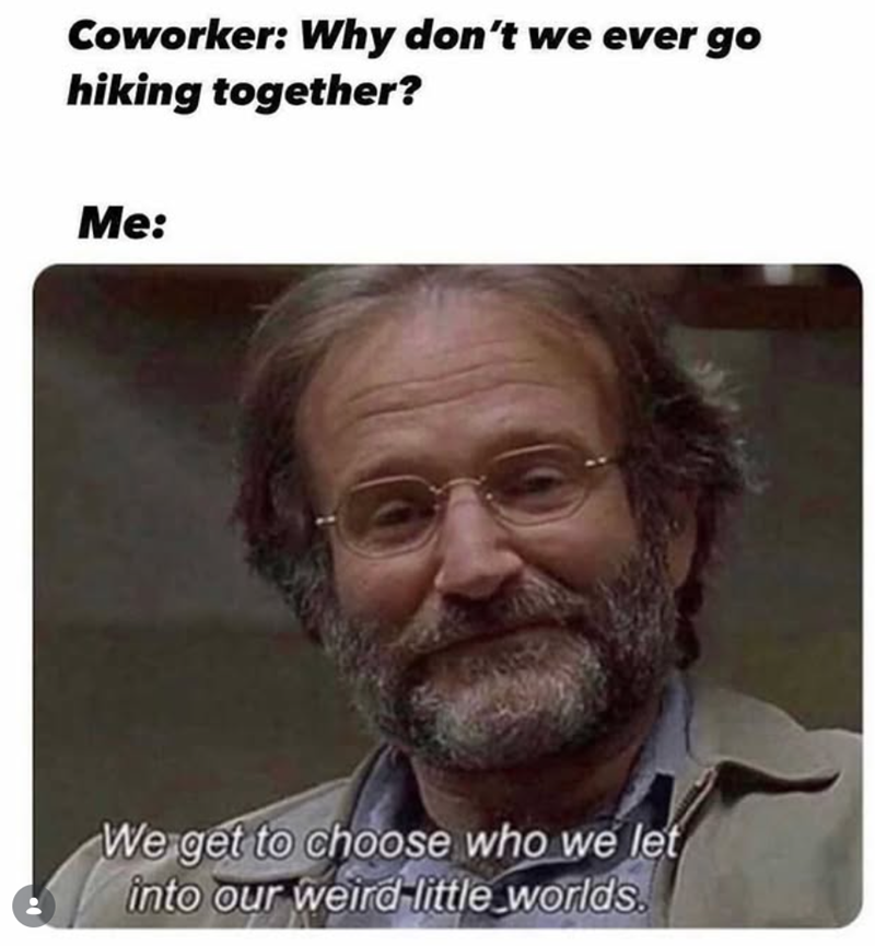 Coworker: Why don't we ever go hiking together? Me: We get to choose who we let into our weird little worlds.