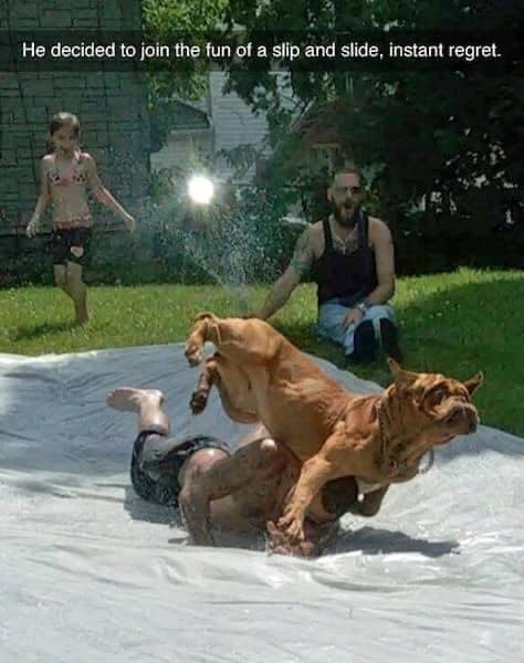 He decided to join the fun of a slip and slide, instant regret.