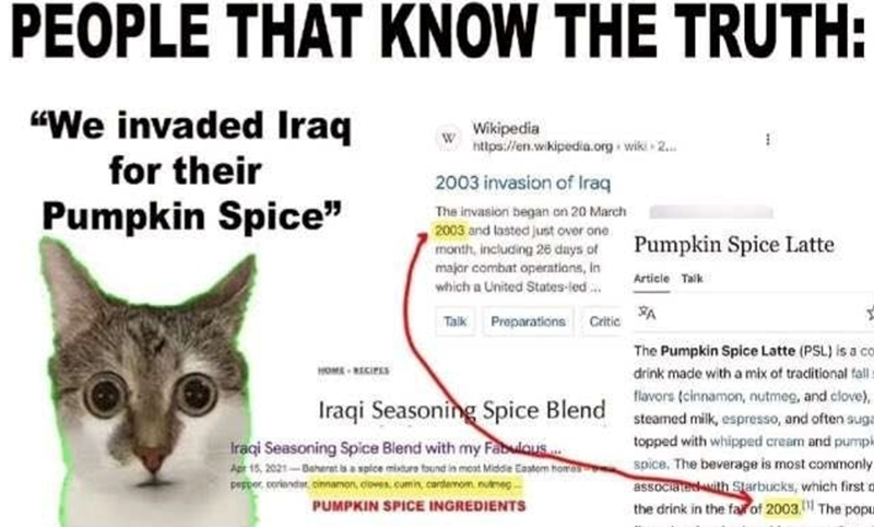 PEOPLE THAT KNOW THE TRUTH: "We invaded Iraq for their Pumpkin Spice" HOME RECIPES Wikipedia W https://en.wikipedia.org wiki 2... 2003 invasion of Iraq The invasion began on 20 March 2003 and lasted just over one month, including 26 days of major combat operations, In which a United States-led... Talk Preparations Critic Iraqi Seasoning Spice Blend Iraqi Seasoning Spice Blend with my Fabulous... Apr 15, 2021-Baharat is a spice mixture found in meat Middle Eastom homes pepper, coriander, cinnamon