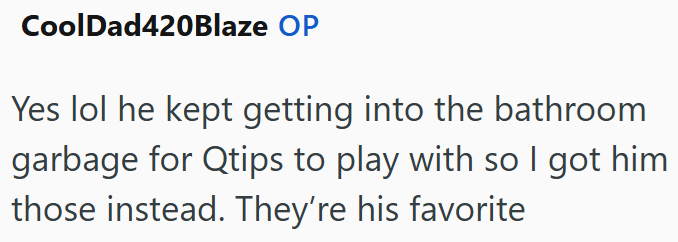CoolDad420Blaze OP Yes lol he kept getting into the bathroom garbage for Qtips to play with so I got him those instead. They're his favorite