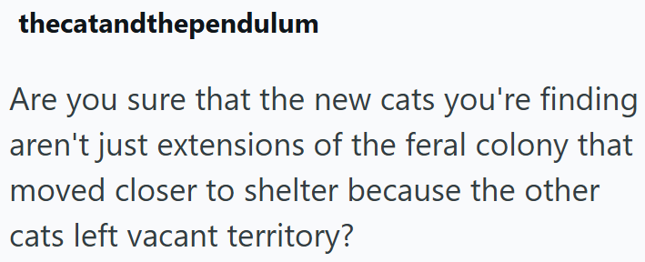 thecatandthependulum Are you sure that the new cats you're finding aren't just extensions of the feral colony that moved closer to shelter because the other cats left vacant territory?