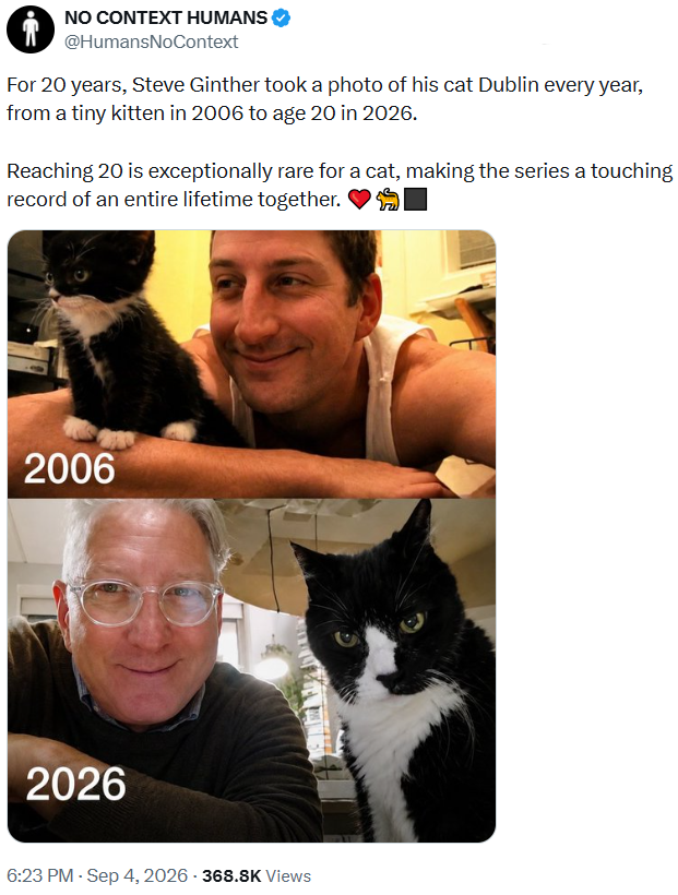 NO CONTEXT HUMANS @HumansNoContext For 20 years, Steve Ginther took a photo of his cat Dublin every year, from a tiny kitten in 2006 to age 20 in 2026. Reaching 20 is exceptionally rare for a cat, making the series a touching record of an entire lifetime together. 2006 2026 6:23 PM - Sep 4, 2026 - 368.8K Views