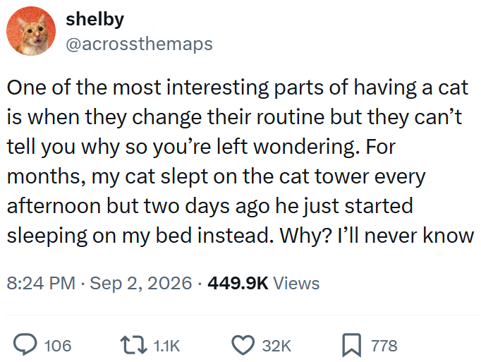 shelby @acrossthemaps One of the most interesting parts of having a cat is when they change their routine but they can't tell you why so you're left wondering. For months, my cat slept on the cat tower every afternoon but two days ago he just started sleeping on my bed instead. Why? I'll never know • 8:24 PM · Sep 2, 2026 449.9K Views 106 1.1K 32K ☐ 778