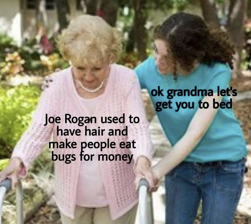 Joe Rogan used to have hair and make people eat bugs for money ok grandma let's get you to bed
