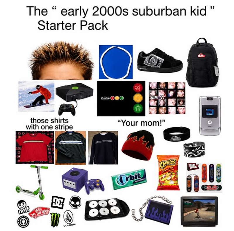 The "early 2000s suburban kid Starter Pack " those shirts with one stripe 日 * blink-100 SUM AX & neff VANS OFF THE WALL "Your mom!" VOLCOM Orbit Spearmint Cheetos TECH DECK Papa THO REG