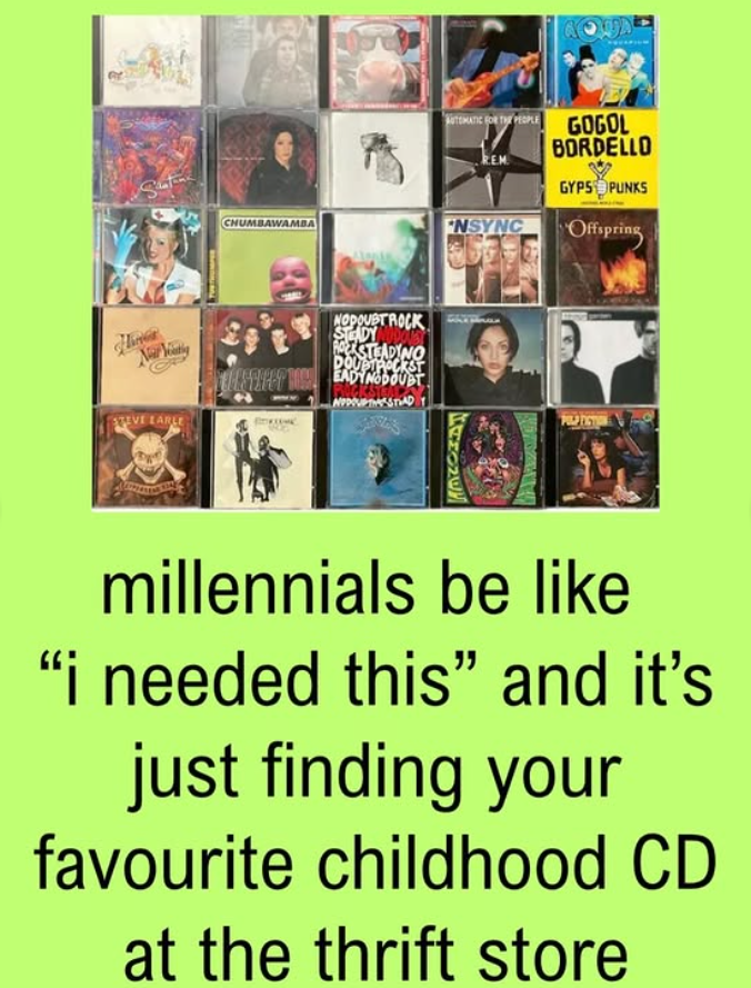 STEVE EARLE CHUMBAWAMBA NOPOUBT ROCK STEADY ROCKSTEADYNO DOUBTRACKST EHSTEET HOMEADYNODOUBT AQUA MATEMATIC FOR THE PEOPLE GOGOL BORDELLO GYPS PUNKS NSYNC Offspring APPOUP THARSTAD PULP FICTION millennials be like "i needed this” and it's just finding your favourite childhood CD at the thrift store