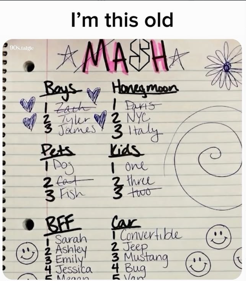 90s.talgic I'm this old AMASHA Boys 1 Zach 号 Honeymoon 1 Davis 2 Tyler 2 NYC James 3 Italy 3 Pets TPog 2 Cat 3 Fish BFF Sarah 2 Ashley 3 Emily 4 Jessica Mean Kids I one 2 three 3 two } Car Convertible 2 Jeep 3 Mustang 4 Bug 5 Van