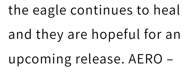 the eagle continues to heal and they are hopeful for an upcoming release. AERO – -