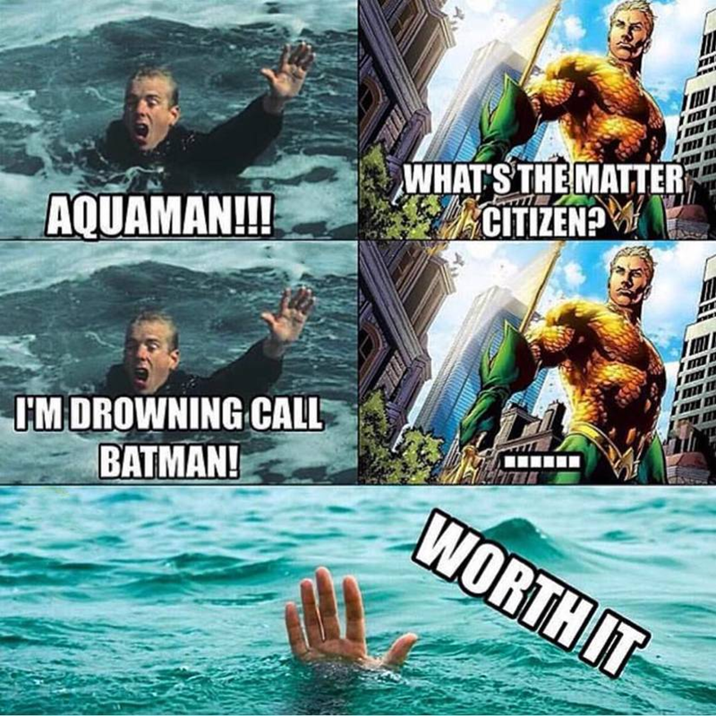 AQUAMAN!!! I'M DROWNING CALL BATMAN! WHAT'S THE MATTER CITIZEN? WORTH IT