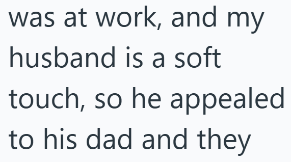 was at work, and my husband is a soft touch, so he appealed to his dad and they