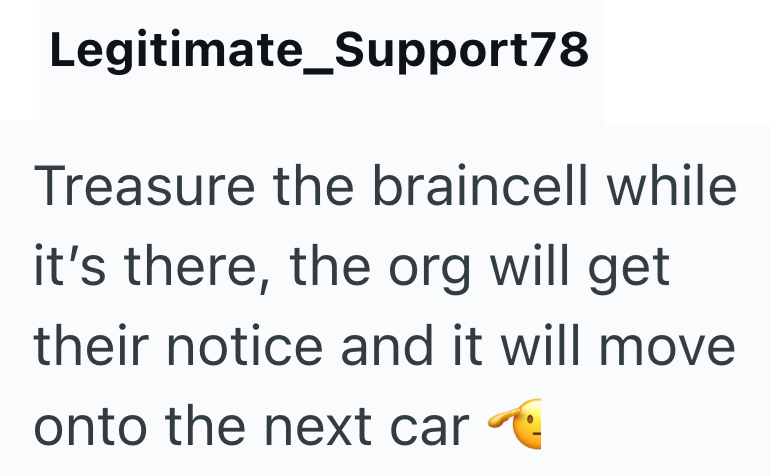 Legitimate_Support78 Treasure the braincell while it's there, the org will get their notice and it will move onto the next car