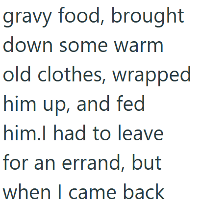 gravy food, brought down some warm old clothes, wrapped him up, and fed him.I had to leave for an errand, but when I came back