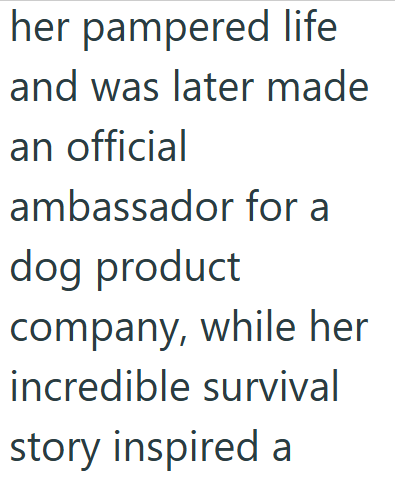 her pampered life and was later made an official ambassador for a dog product company, while her incredible survival story inspired a