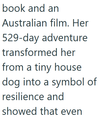 book and an Australian film. Her 529-day adventure transformed her from a tiny house dog into a symbol of resilience and showed that even