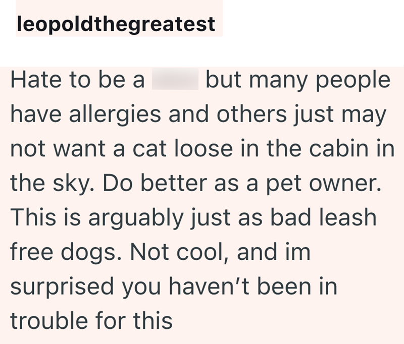 leopoldthegreatest Hate to be a but many people have allergies and others just may not want a cat loose in the cabin in the sky. Do better as a pet owner. This is arguably just as bad leash free dogs. Not cool, and im surprised you haven't been in trouble for this