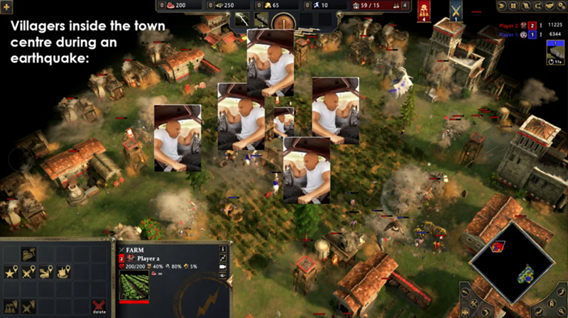 Villagers inside the town centre during an earthquake: delete 0200 0250 065 010 59/15 FARM Player 2 200/200 40% 80% 5% 30 4111 Player 2:2 I 11225 Player 1: 11 6344 11