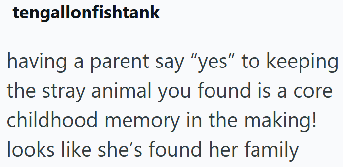 tengallonfishtank having a parent say "yes" to keeping the stray animal you found is a core childhood memory in the making! looks like she's found her family