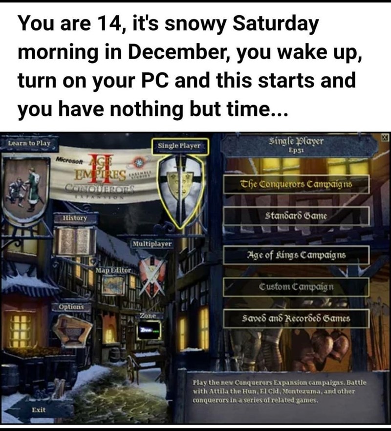 You are 14, it's snowy Saturday morning in December, you wake up, turn on your PC and this starts and you have nothing but time... Learn to Play Microsoft Single Player Single Player Eps1 EMPRES CONQUERORS TON History Map Editor Multiplayer Options Zone The Conquerors Campaigns standard Game Age of Kings Campaigns Custom Campaign Saved and Recorded Games Exit Play the new Conquerors Expansion campaigns. Battle with Attila the Hun, El Cid, Montezuma, and other conquerors in a series of related ga