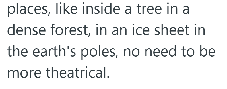 places, like inside a tree in a dense forest, in an ice sheet in the earth's poles, no need to be more theatrical.