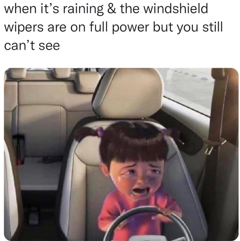 when it's raining & the windshield wipers are on full power but you still can't see