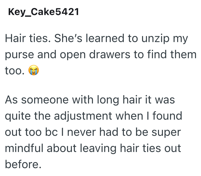 Key_Cake5421 Hair ties. She's learned to unzip my purse and open drawers to find them too. As someone with long hair it was quite the adjustment when I found out too bc I never had to be super mindful about leaving hair ties out before.