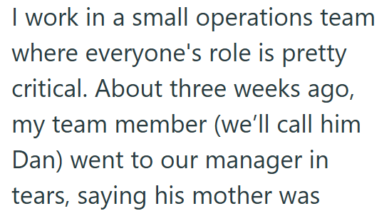 I work in a small operations team where everyone's role is pretty critical. About three weeks ago, my team member (we'll call him Dan) went to our manager in tears, saying his mother was