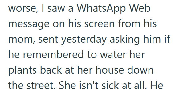 worse, I saw a WhatsApp Web message on his screen from his mom, sent yesterday asking him if he remembered to water her plants back at her house down the street. She isn't sick at all. He