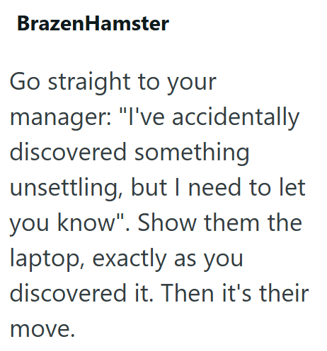 BrazenHamster Go straight to your manager: "I've accidentally discovered something unsettling, but I need to let you know". Show them the laptop, exactly as you discovered it. Then it's their move.