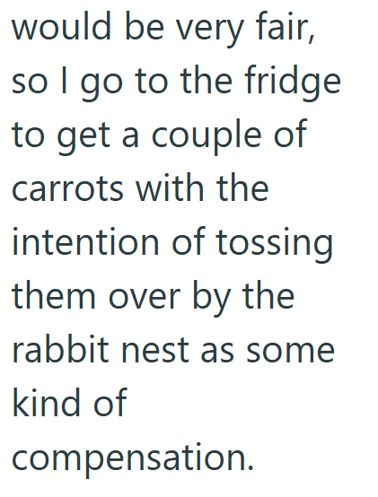 would be very fair, so I go to the fridge to get a couple of carrots with the intention of tossing them over by the rabbit nest as some kind of compensation.
