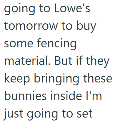 going to Lowe's tomorrow to buy some fencing material. But if they keep bringing these bunnies inside I'm just going to set