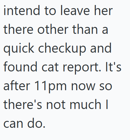 intend to leave her there other than a quick checkup and found cat report. It's after 11pm now so there's not much I can do.