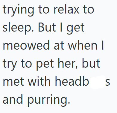 S trying to relax to sleep. But I get meowed at when I try to pet her, but met with headb and purring.