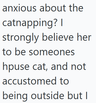 anxious about the catnapping? I strongly believe her to be someones hpuse cat, and not accustomed to being outside but I