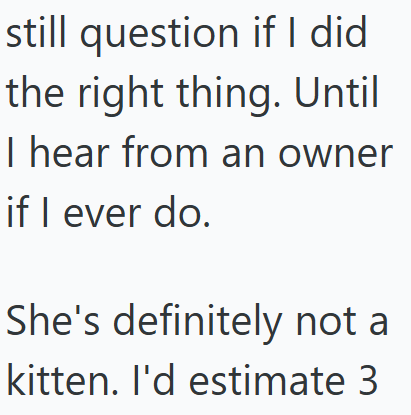 still question if I did the right thing. Until I hear from an owner if I ever do. She's definitely not a kitten. I'd estimate 3
