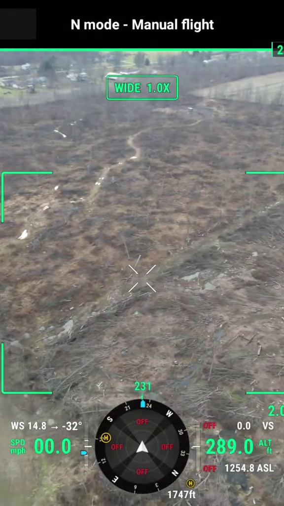 N mode - Manual flight WIDE 1.0X 231 24 W S WS 14.8-32° OFF SPD mph 00.0 H OFF 225 OFF OFF H 1747ft 2 2.0 OFF 0.0 VS 289.0 ALT ft OFF 1254.8 ASL