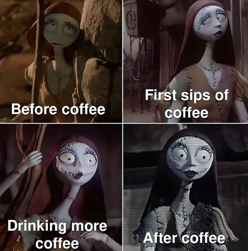 Before coffee First sips of coffee Drinking more coffee After coffee