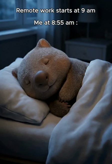 Remote work starts at 9 am Me at 8:55 am: