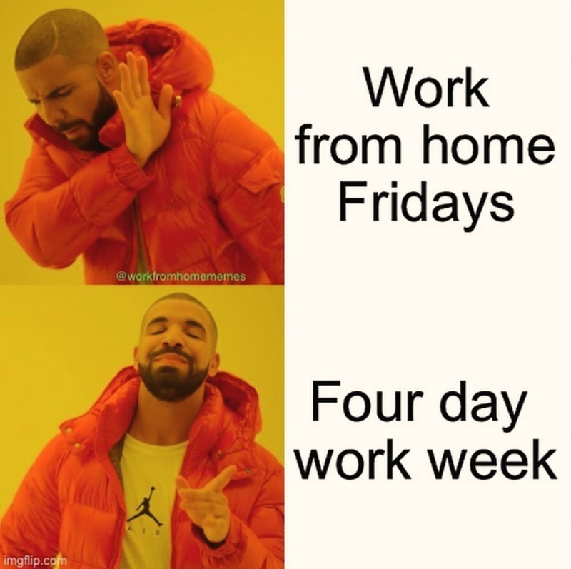 imgflip.com @workfromhomememes Work from home Fridays Four day work week