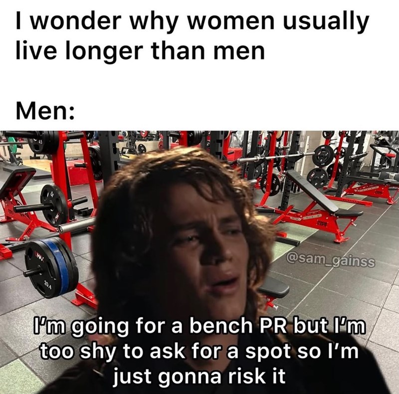 I wonder why women usually live longer than men Men: WW 20.4 @sam_gainss I'm going for a bench PR but I'm too shy to ask for a spot so I'm just gonna risk it