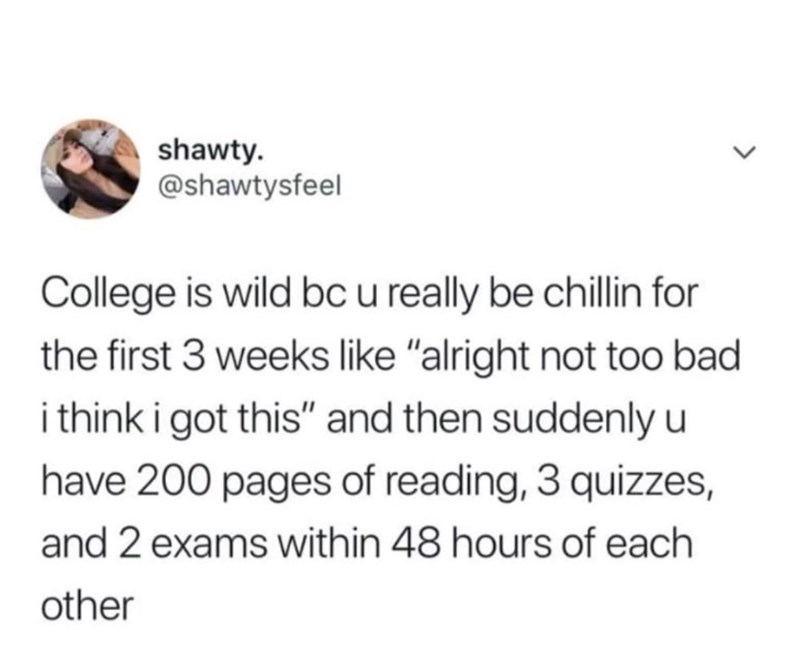 shawty. @shawtysfeel College is wild bc u really be chillin for the first 3 weeks like "alright not too bad i think i got this" and then suddenly u have 200 pages of reading, 3 quizzes, and 2 exams within 48 hours of each other