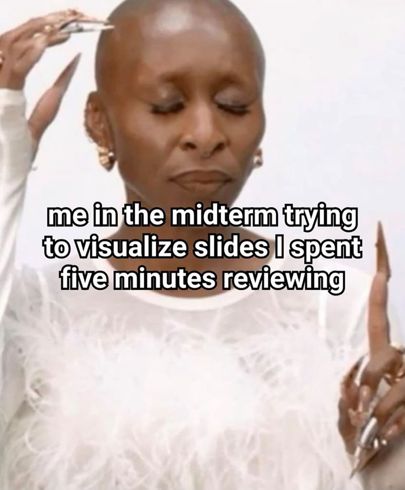 me in the midterm trying to visualize slides I spent five minutes reviewing