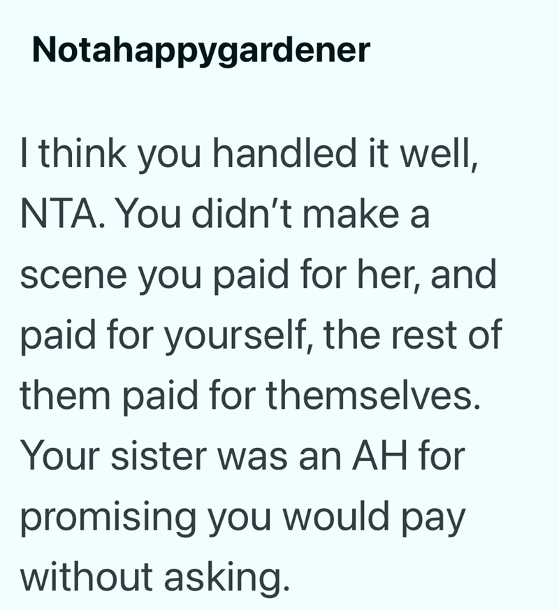 Notahappygardener I think you handled it well, NTA. You didn't make a scene you paid for her, and paid for yourself, the rest of them paid for themselves. Your sister was an AH for promising you would pay without asking.
