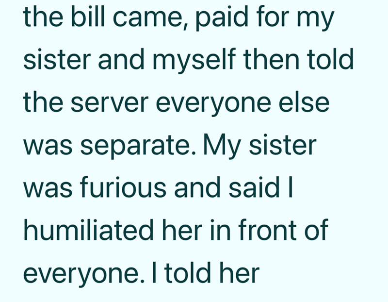 the bill came, paid for my sister and myself then told the server everyone else was separate. My sister was furious and said I humiliated her in front of everyone. I told her