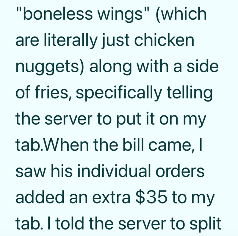 "boneless wings" (which are literally just chicken nuggets) along with a side of fries, specifically telling the server to put it on my tab.When the bill came, I saw his individual orders added an extra $35 to my tab. I told the server to split