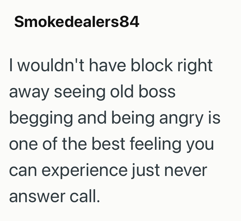 Smokedealers84 I wouldn't have block right away seeing old boss begging and being angry is one of the best feeling you can experience just never answer call.