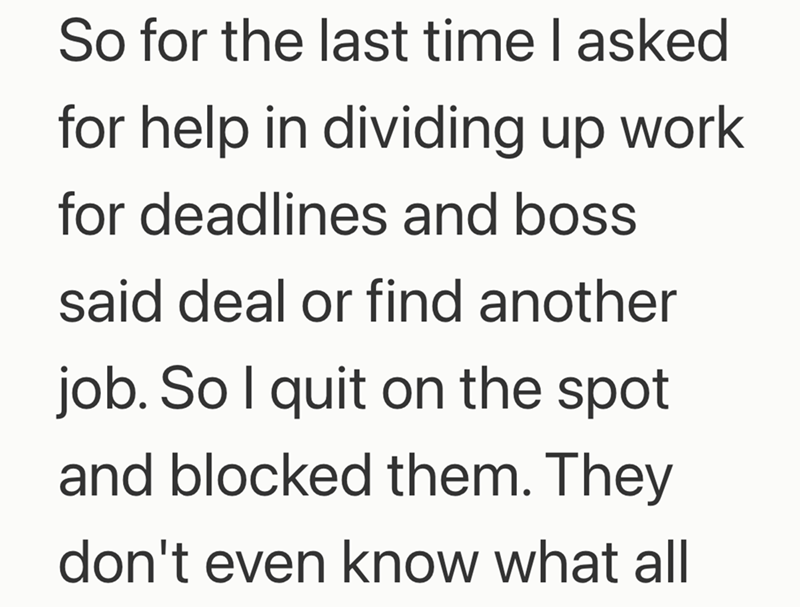 So for the last time I asked for help in dividing up work for deadlines and boss said deal or find another job. So I quit on the spot. and blocked them. They don't even know what all